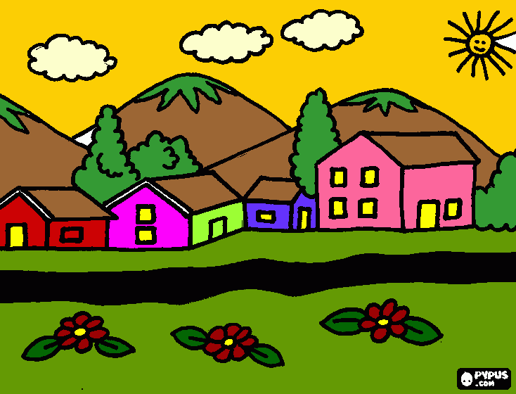 una casa con montañas y sol :? para colorear