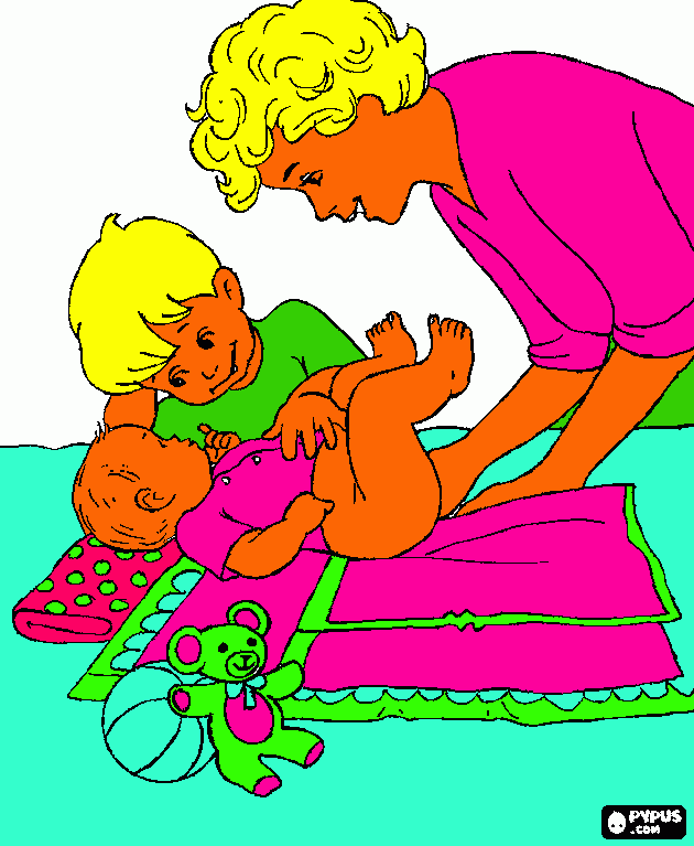 una madre  limpiando a su hijo el culo y pomiendole el pañal con  su otro hijo ..... para colorear