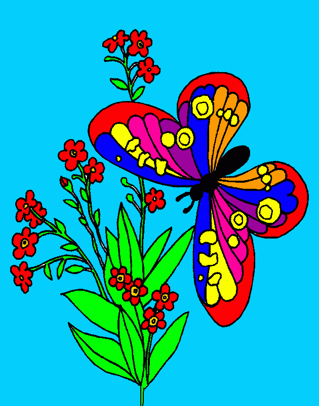Una mariposa al lado de unas flores en primavera. para colorear