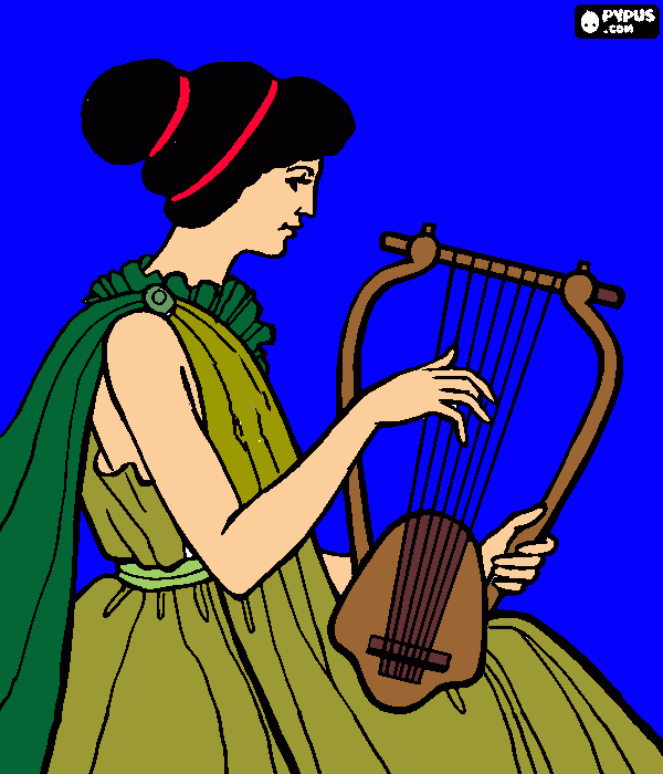 una mujer tocando la lira en el periodo de la antiguedad clasica de grecia para colorear