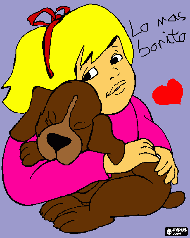 una niña abrazando a un perro  para colorear