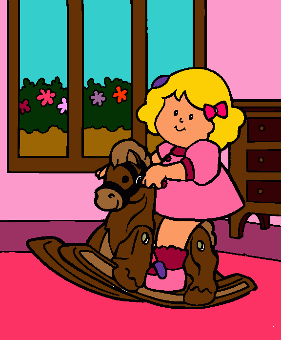una niña chiquita calando en su caballo para colorear