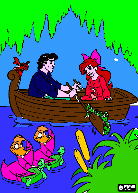 una pareja con sapitos en el remo un  cangrejo al lado y otras cosas mas para colorear