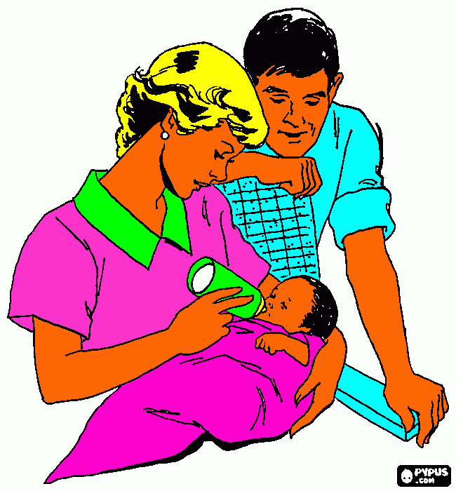 una pareja dando en biberon al bebe para colorear