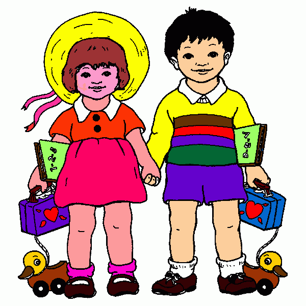 una pareja de amigos saliendo de la escuela para colorear