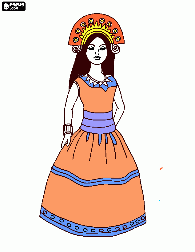 una reina con un gorro amarillo por el sol ,con sintas y sinturones de azul claro del cielo y el vestido color salmon para darle un nuevo color para colorear