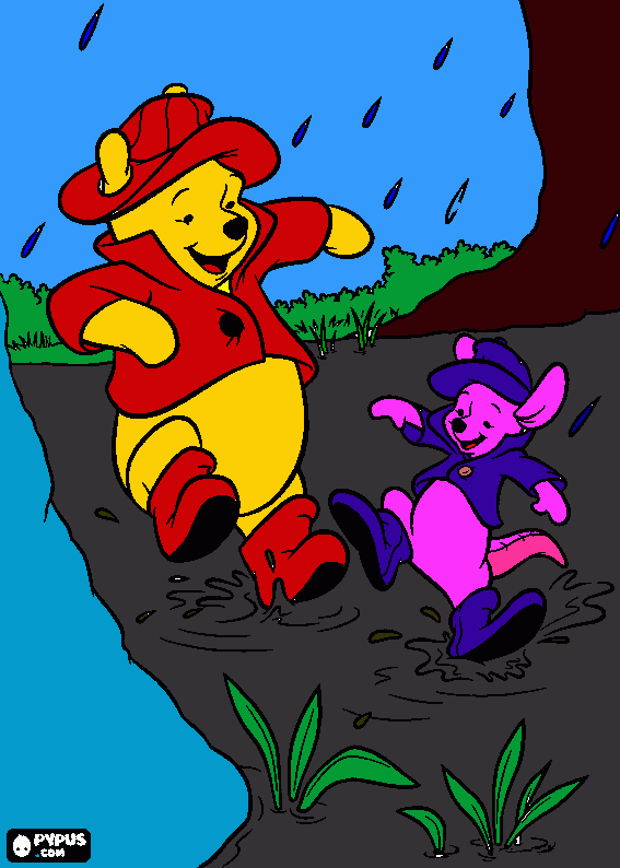 winnie y su amigo bajo la lluvia para colorear