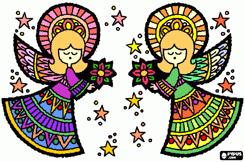 ÁNGELES CON FLORES DE NAVIDAD ENTRE ESTRELLAS para colorear