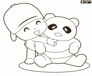 Colorear Abrazo de Pocoyó y un oso panda