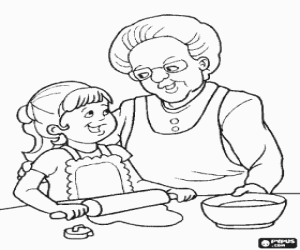 Colorear Abuela y nieta cocinando