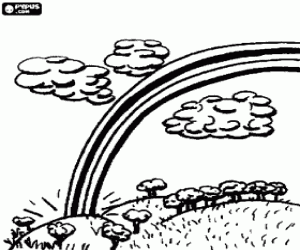 Colorear Arco iris en un cielo con nubes