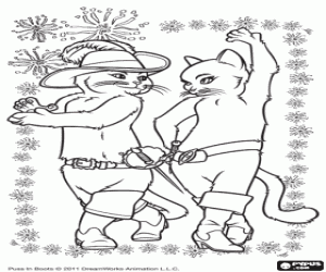 Colorear Baile del Gato con Botas y Kitty