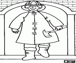 Colorear Bombero con hacha y el edificio