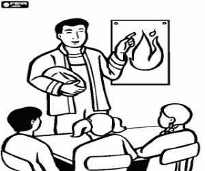 Colorear Un bombero con niños de escuela