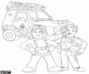 Colorear Los bomberos Sam y Tom con jeep