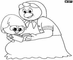 Colorear Calimero con su madre y un libro