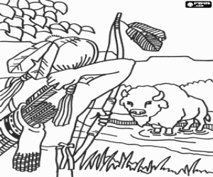 Colorear Cazador con el arco y un bisonte