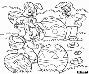 Colorear Conejos felices,huevos de Pascua