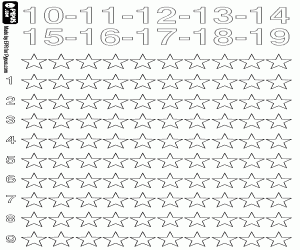 Colorear Contar de 10 a 19  con estrellas