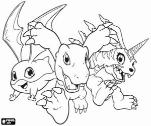 Colorear Digimon: Patamon, Agumon y Gabumon