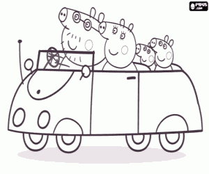 Colorear La familia de Peppa Pig en coche