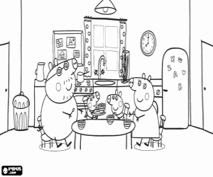 Colorear Familia de Peppa Pig desayunando