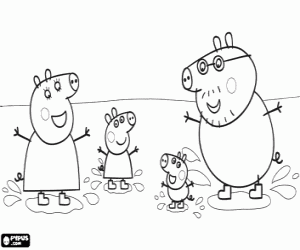 Colorear Familia de Peppa Pig y charcos