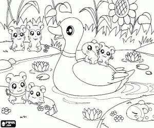Colorear Hamtaro y amigos en el estanque