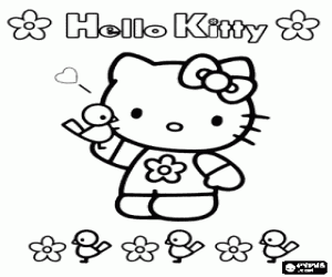 Colorear Hello Kitty con pajaritos y flores