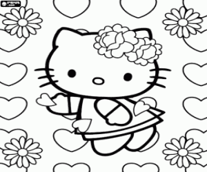 Colorear Hello Kitty entre flores y corazones