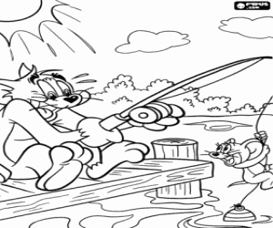 Colorear Jerry y la caña de pescar de Tom