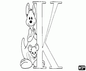 Colorear Letra K con mamá canguro y su hijito