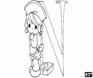 Colorear Letra N con una bebé infermera