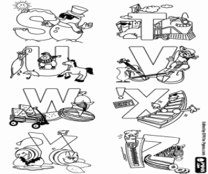 Colorear Letras de S a Z, alfabeto decorado