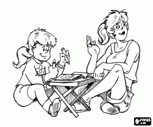 Colorear Niña jugando a pintar con su madre