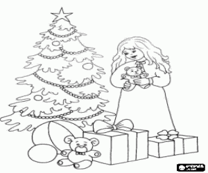 Colorear Niña, regalos y árbol de Navidad
