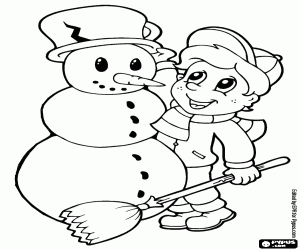Colorear Un niño con el muñeco de nieve