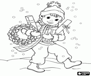 Colorear Un niño bajo la nieve en Navidad