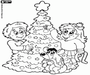 Colorear Niños decorando el árbol de Navidad
