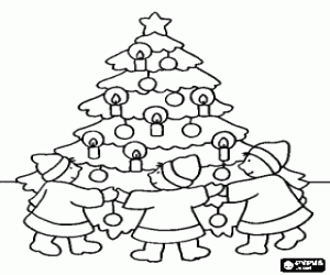 Colorear Niños rodean el árbol de Navidad
