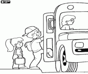 Colorear Niños suben al autobus escolar