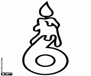 Colorear Número seis y vela de cumpleaños