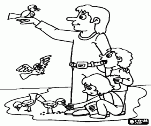 Colorear Padre con sus hijos en el parque