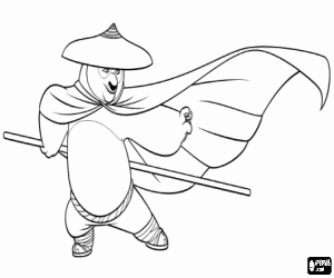 Colorear El panda Po con sombrero y palo