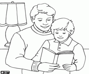 Colorear Papá ayudando a leer a su hijo