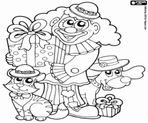 Colorear Un payaso con animales y regalos