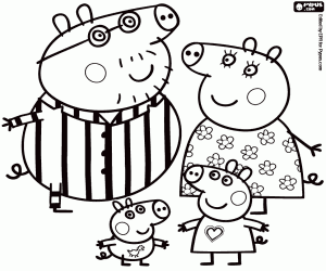 Colorear Peppa Pig y su familia en pijama