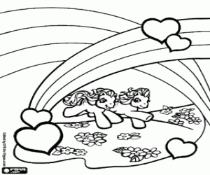 Colorear Dos ponys, arcoiris y corazones
