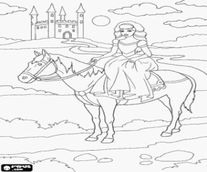 Colorear Princesa a caballo y un castillo