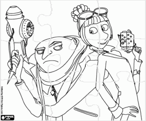 Colorear Puzzle de  Gru y Lucy en acción